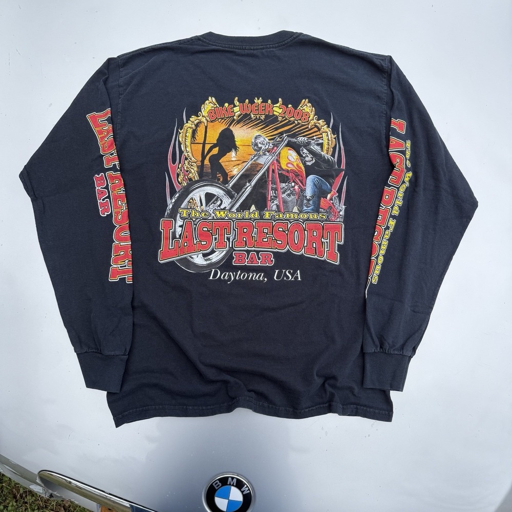00s Last Resort Biker Bar Longsleeve Skeleton Graphic Flame Sleeve Hit Tshirt L